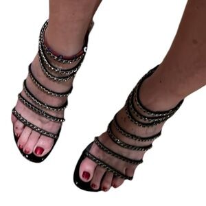 Stuart Weitzman size 10.5
black leather silver chain strappy heels back zip